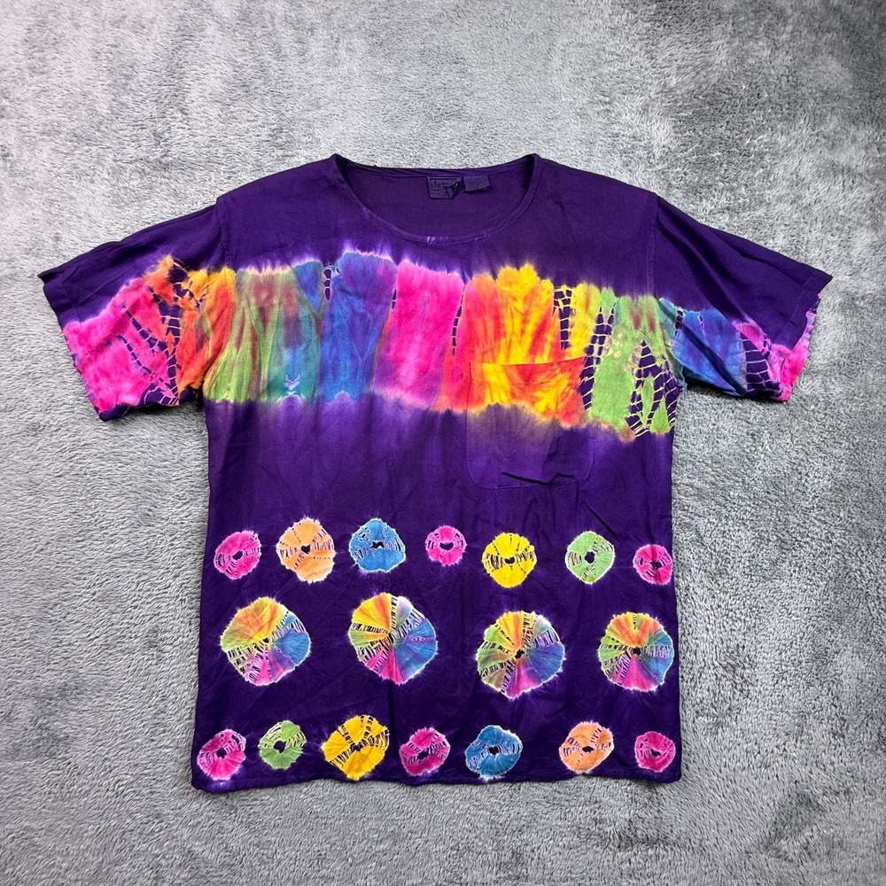 Vintage Details Womens S Purple Rainbow Tie Dye Rayon T-Shirt Oversized Pocket